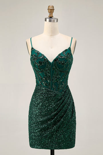 Sparkly Bodycon Dark Green Sequins Corset Homecoming Dress
